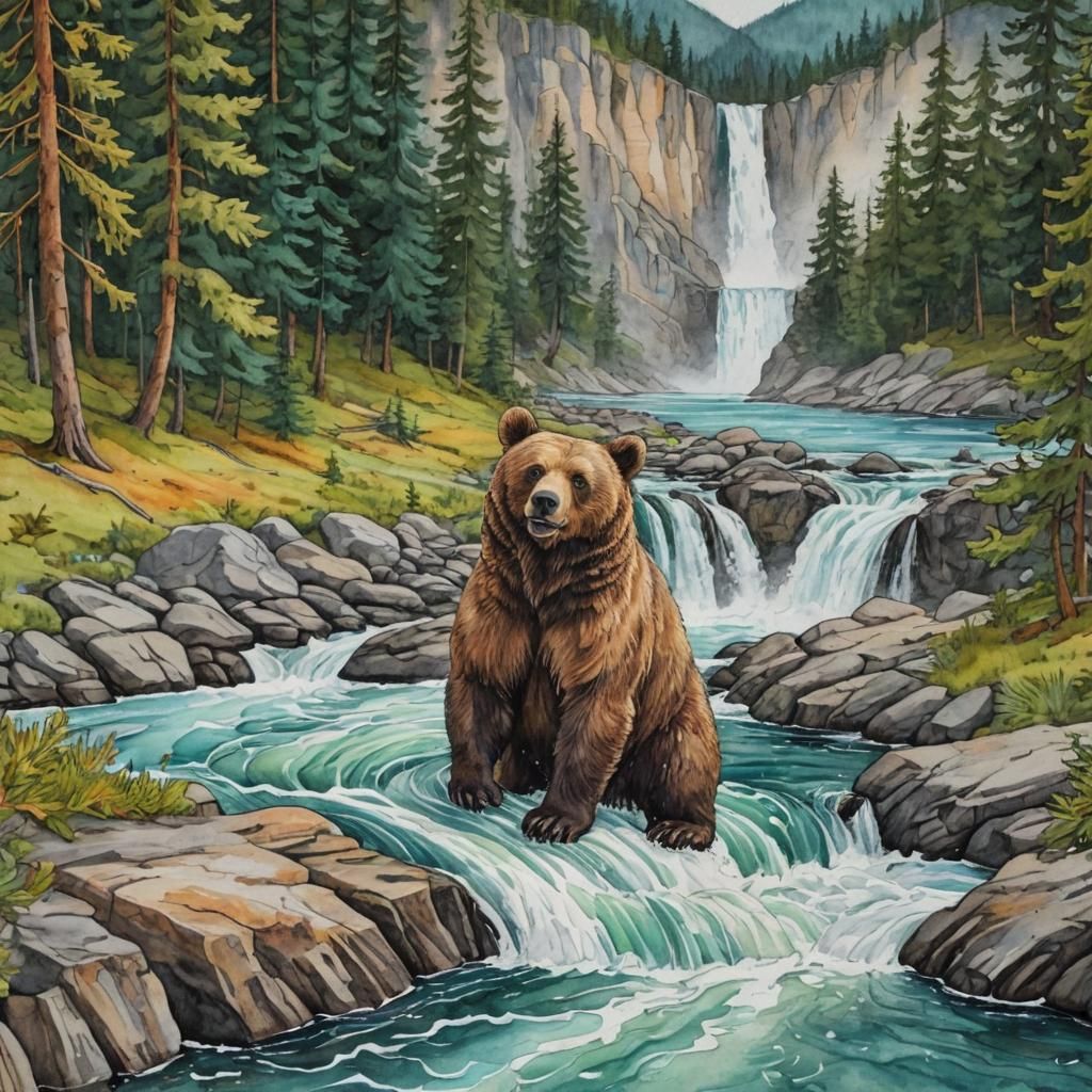 Happy Bear at Waterfall in Alcohol Ink Style
