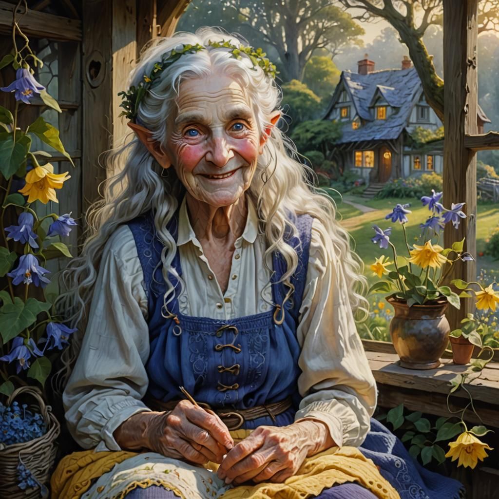 Smiling Elf Lady Portrait with Bluebell Vines