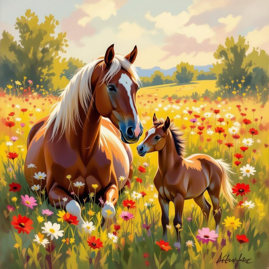 Majestic Mare and Foal in Sunlit Flower Meadow