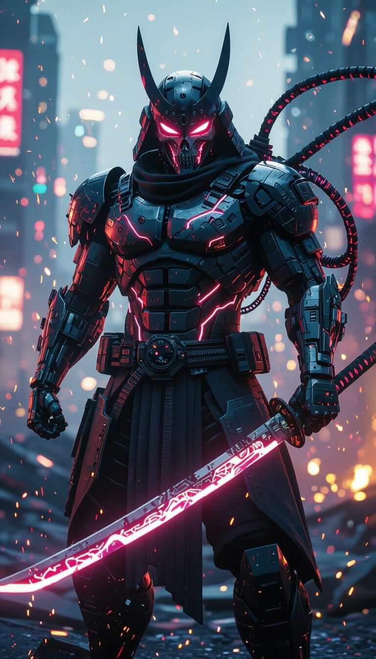 Cybernetic Yoshimitsu Warrior in Neon Cyberpunk Battlefield