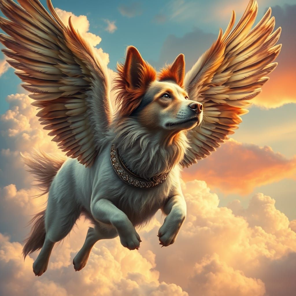 Winged Dog Soaring in Ethereal Sky