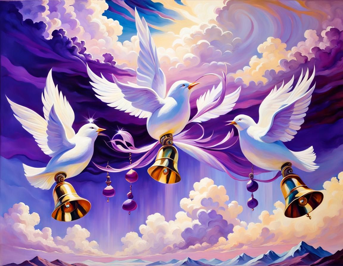 Doves Fly in Lyrical Abstraction Mountainscape