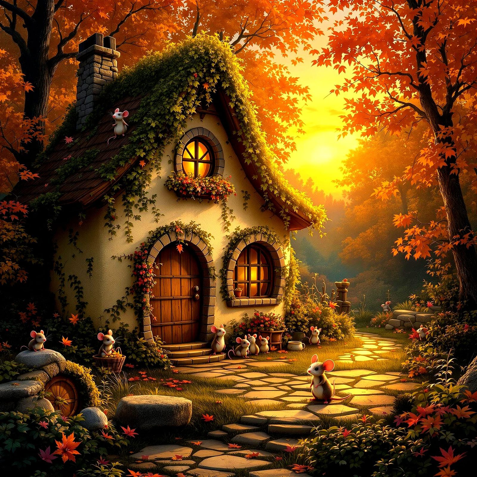 Whimsical Mice in Autumn Cottage
