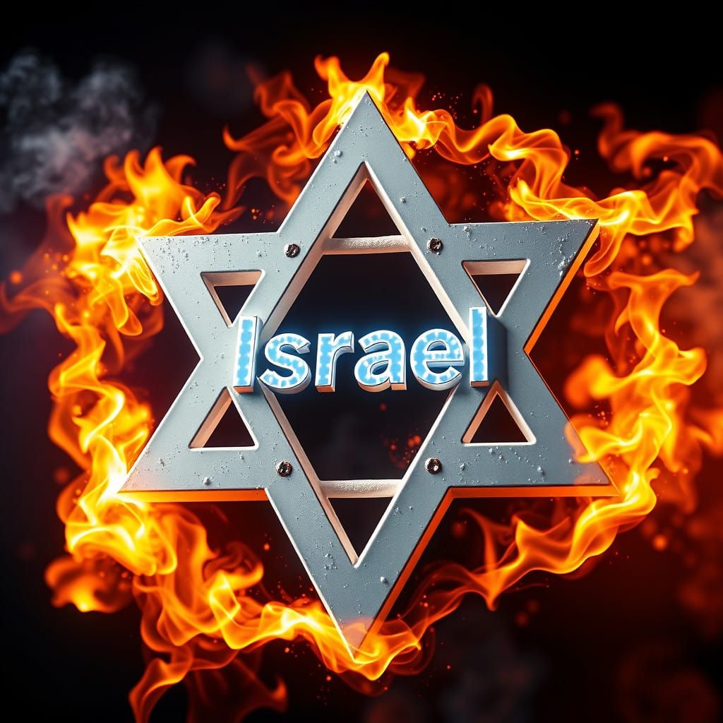 White Star of David in Fiery Flames, with Israel at Its Cent...
