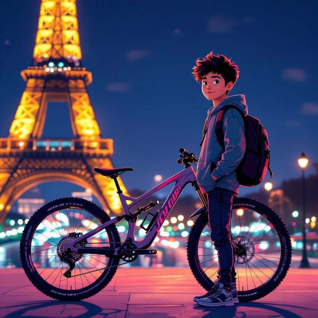 Teenage Boy with Bike in Cyberpunk Style