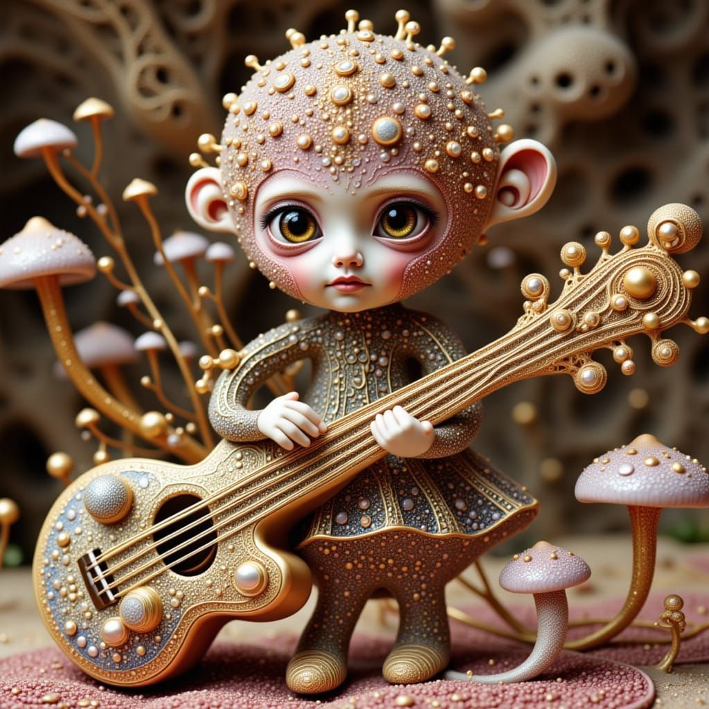 Whimsical Wool Doll Playing Guitar in Fractal Landscape