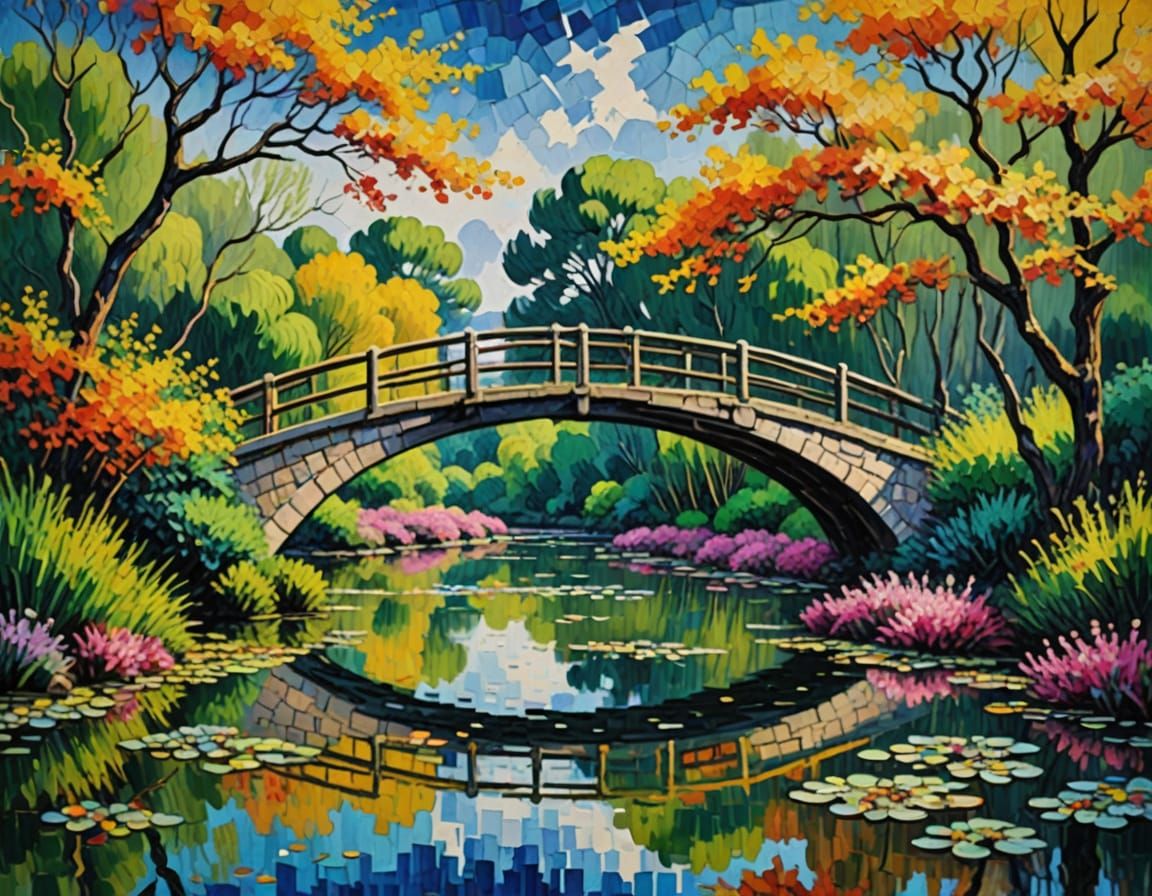 Neo-Impressionist Bridge Landscape in Vibrant Colors
