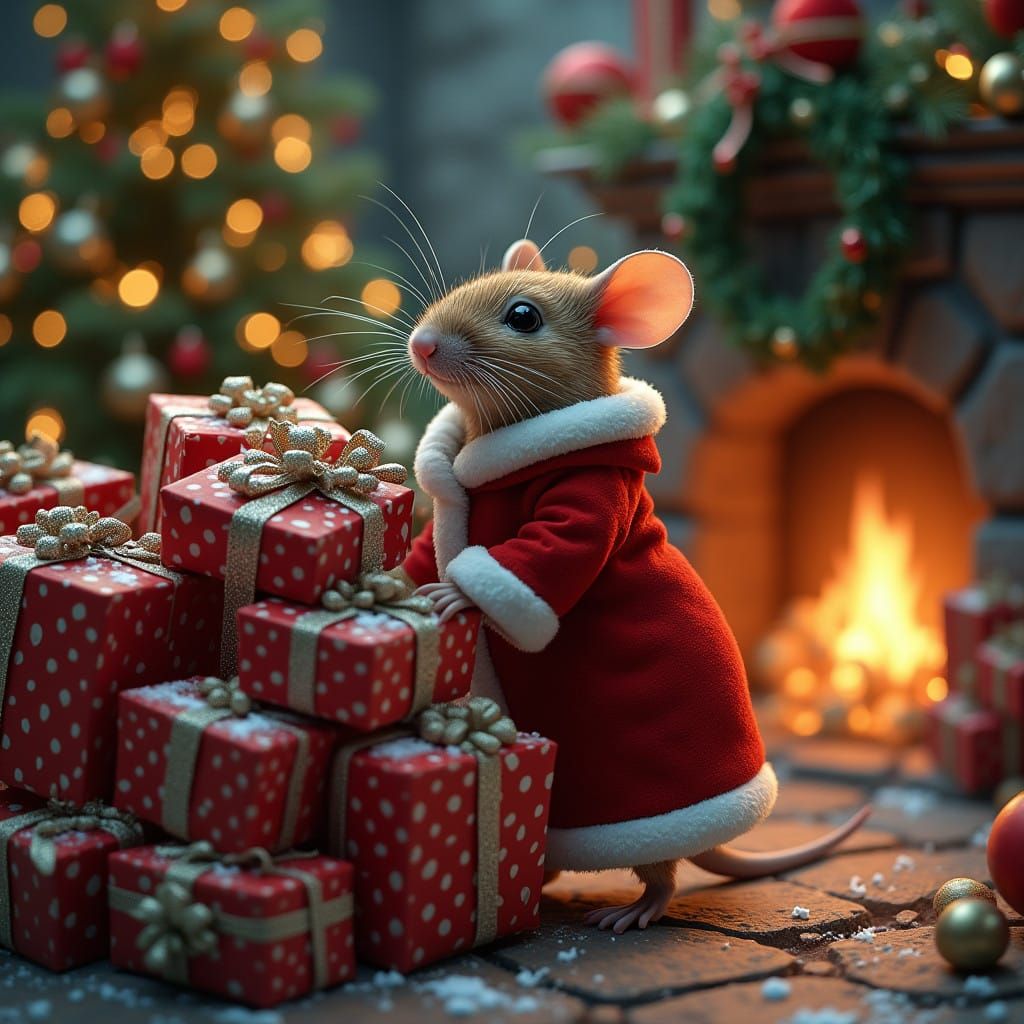 Mouse in Santa Suit Climbs Christmas Tree Presents