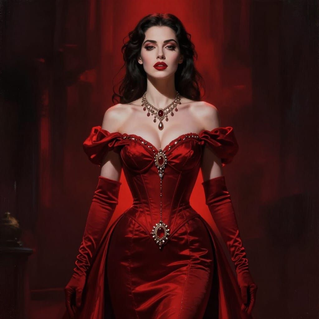 Regal Woman in Red Gown, Cinematic Digital Art
