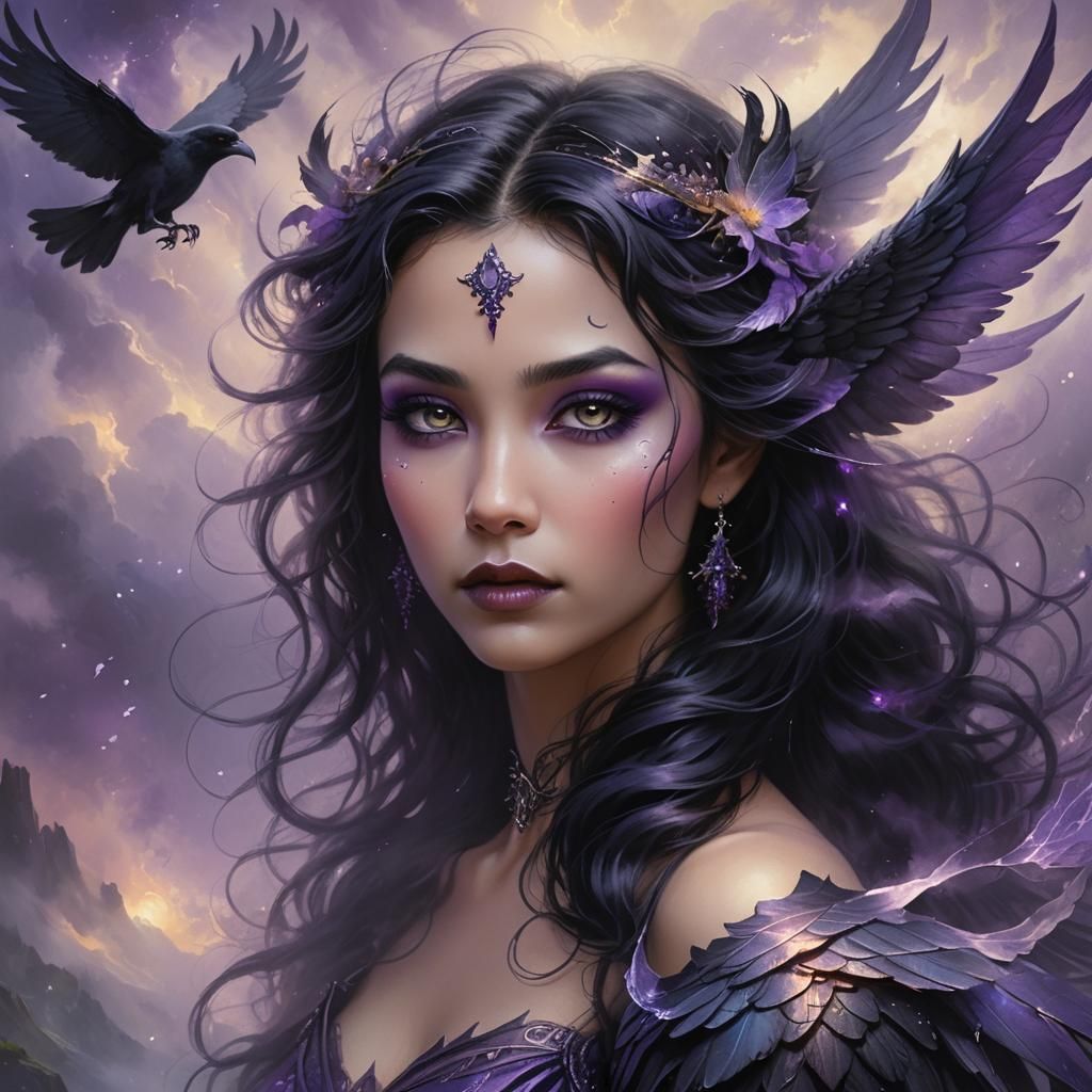 Ethereal Fantasy Woman Portrait with Raven Wings