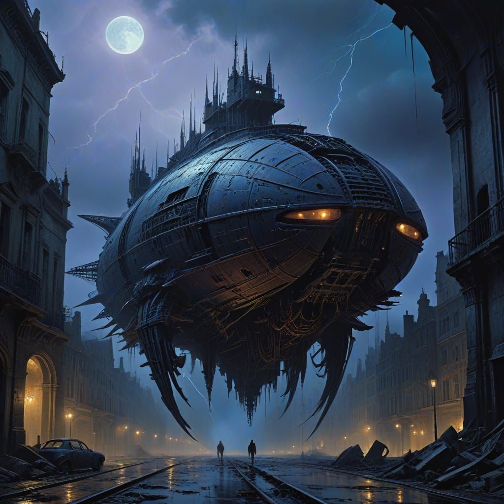 Gothic Spaceship Over Ruined Cityscape in Dark Sci-Fi Style