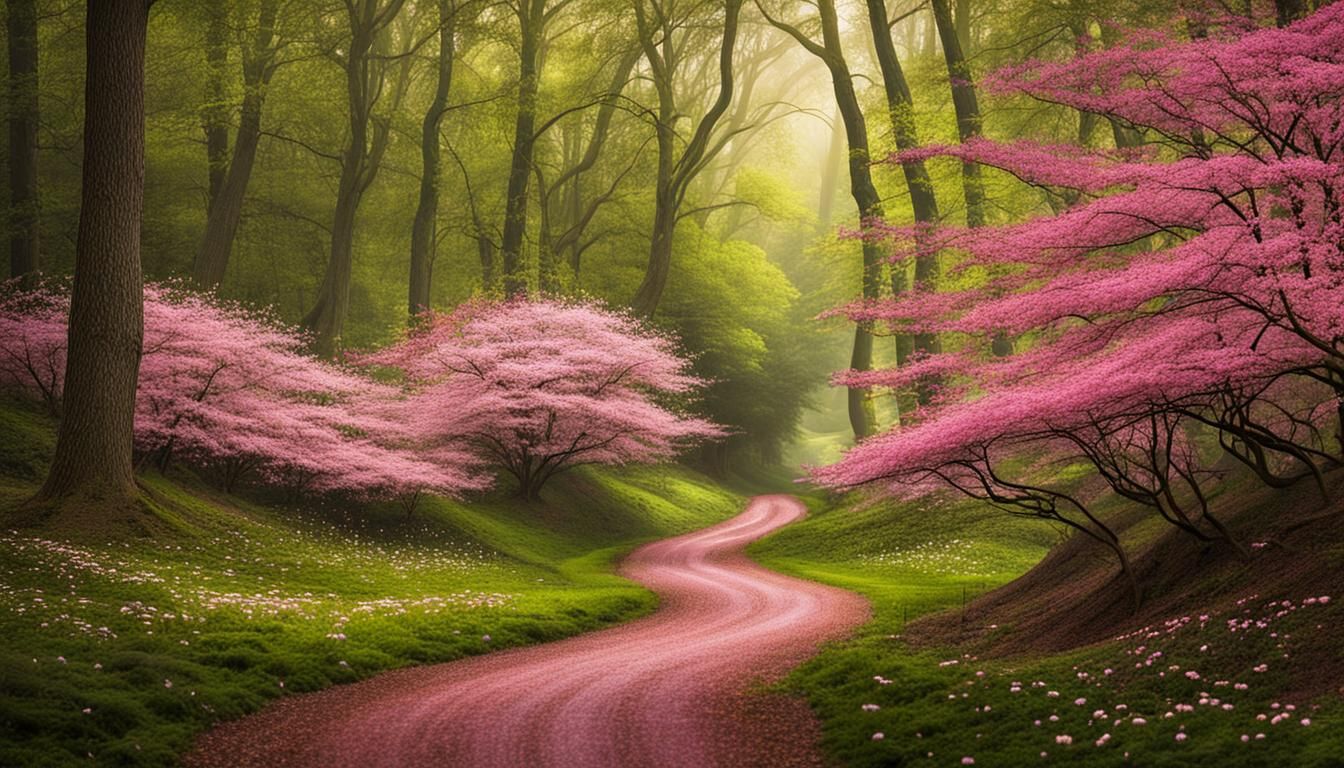 Enchanted Pink Dogwood Tree in Forest Trail