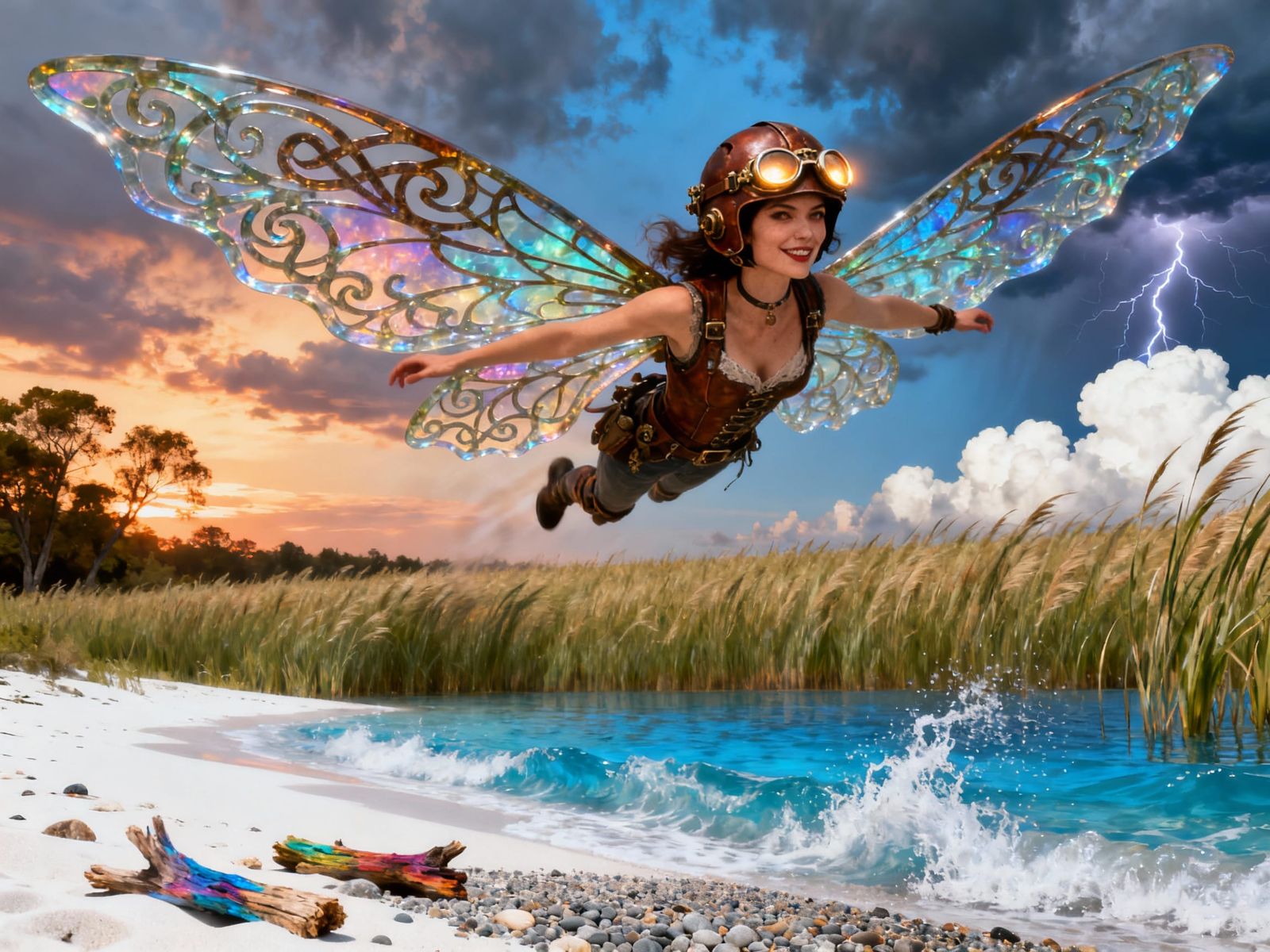 surreal beautiful sly grin woman  flying over glass-resin fr...