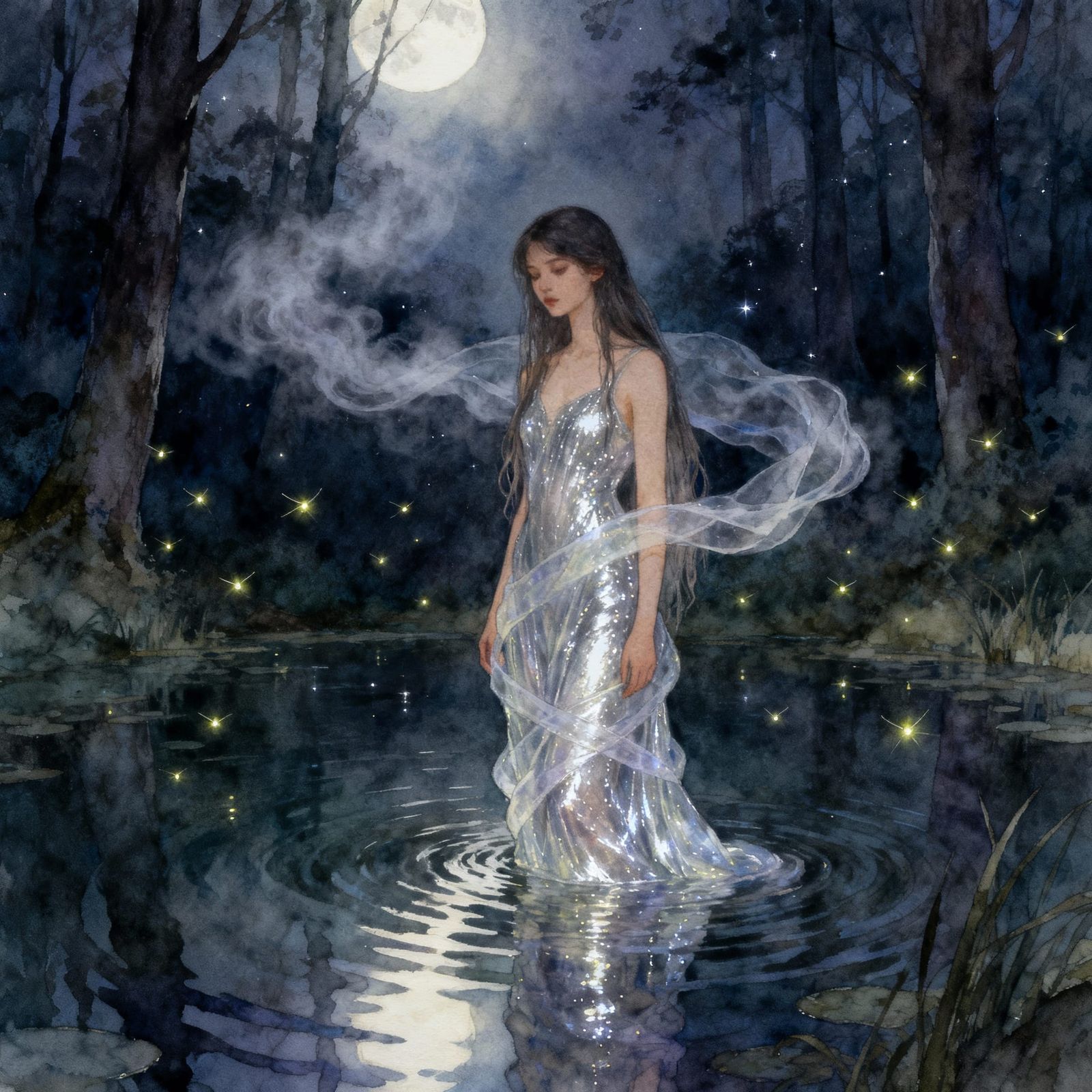 Mysterious Woman in Moonlit Forest Pond