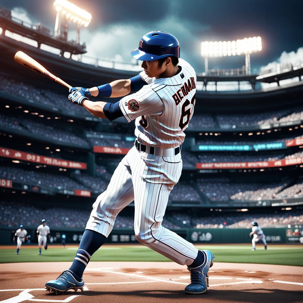 Japanese Baseball Player Home Run in Sci-Fi Style
