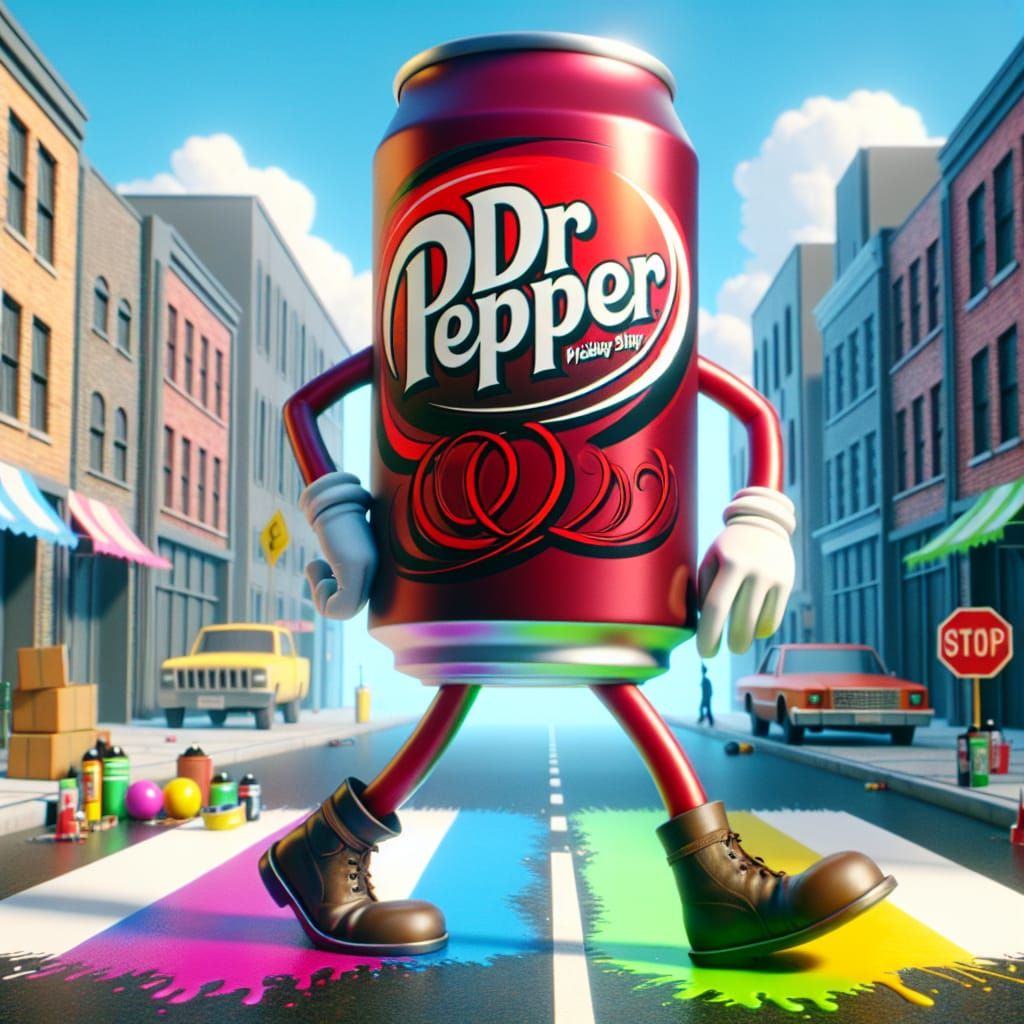 Confident Dr Pepper Can Struts Down City Street in Pop Art S...
