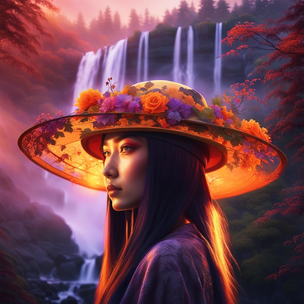 Japanese Woman in Forest Hat: Dark Fantasy Portrait