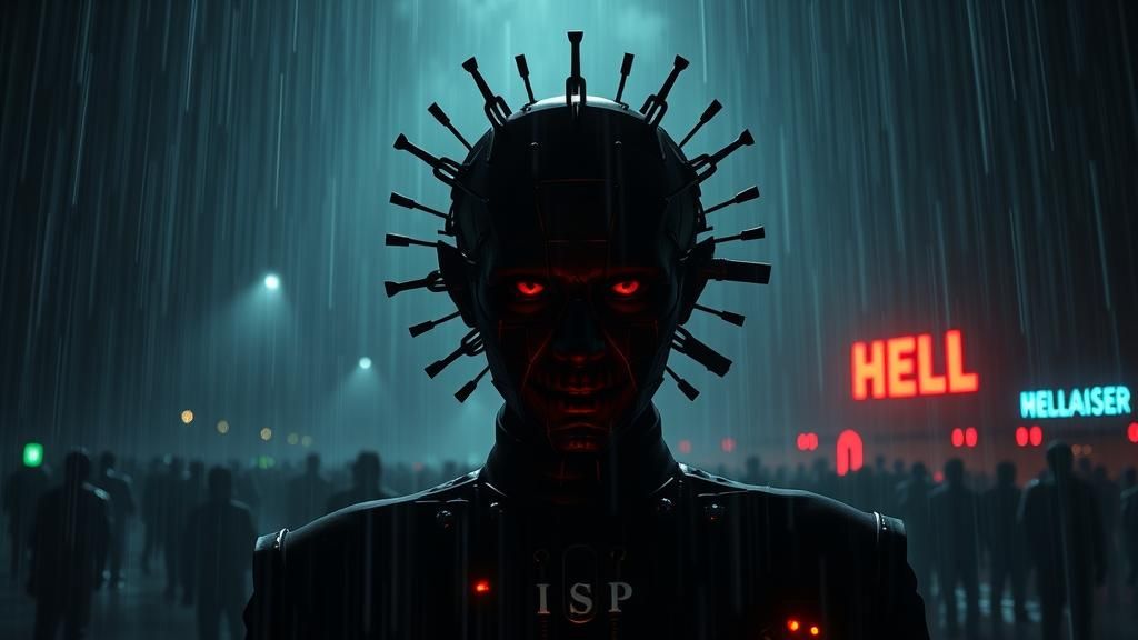 Pinhead Silhouette in Dystopian Cyberpunk Hellscape