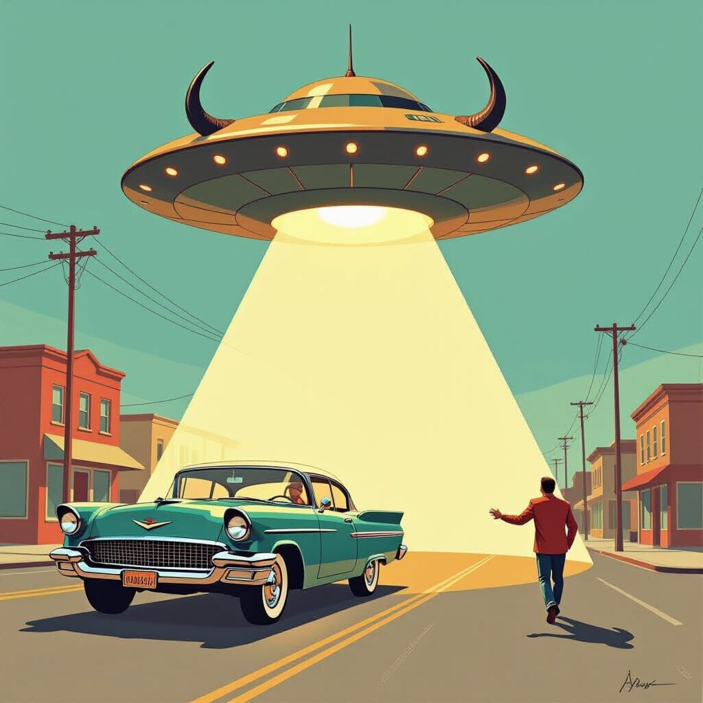 Antropomorphic Buffalo UFO Abducts Driver in Retrofuturistic...