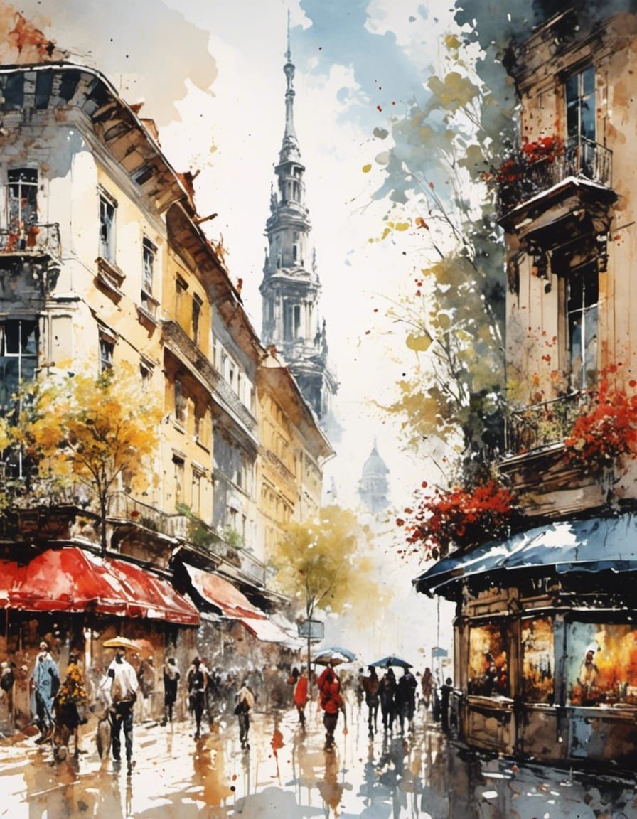Watercolor Cityscape with Graffiti Art