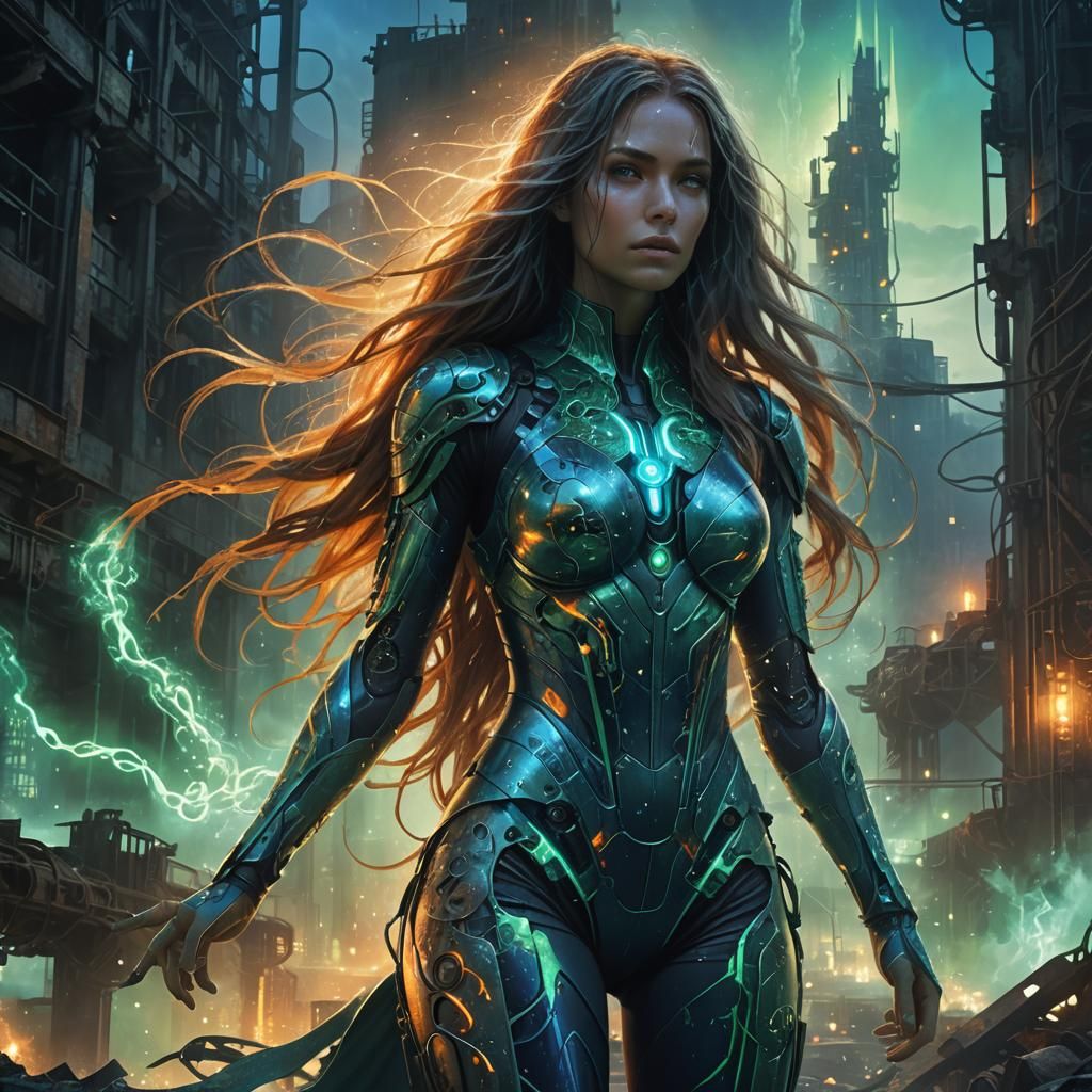 Metallic Woman in Ruined Cityscape: Fantasy Art