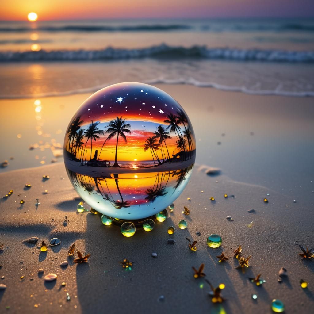 Sunset in Glass Orb on Beach