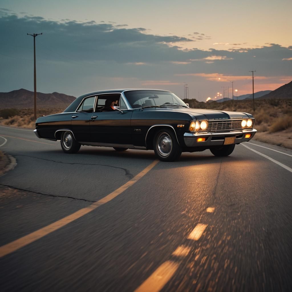 Black Chevy Impala on Deserted Highway at Dusk
