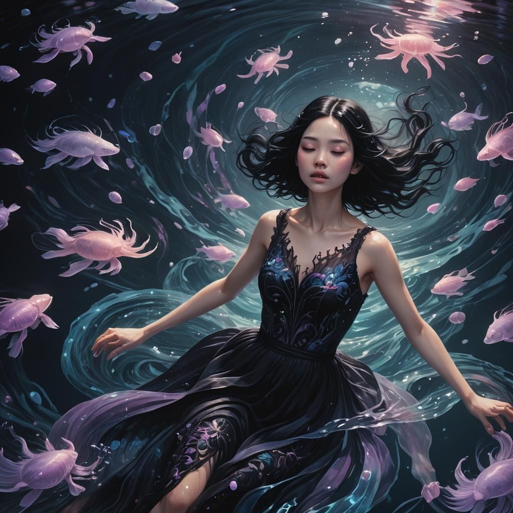 Girl Floating Underwater in Dreamlike Bioluminescent Scene