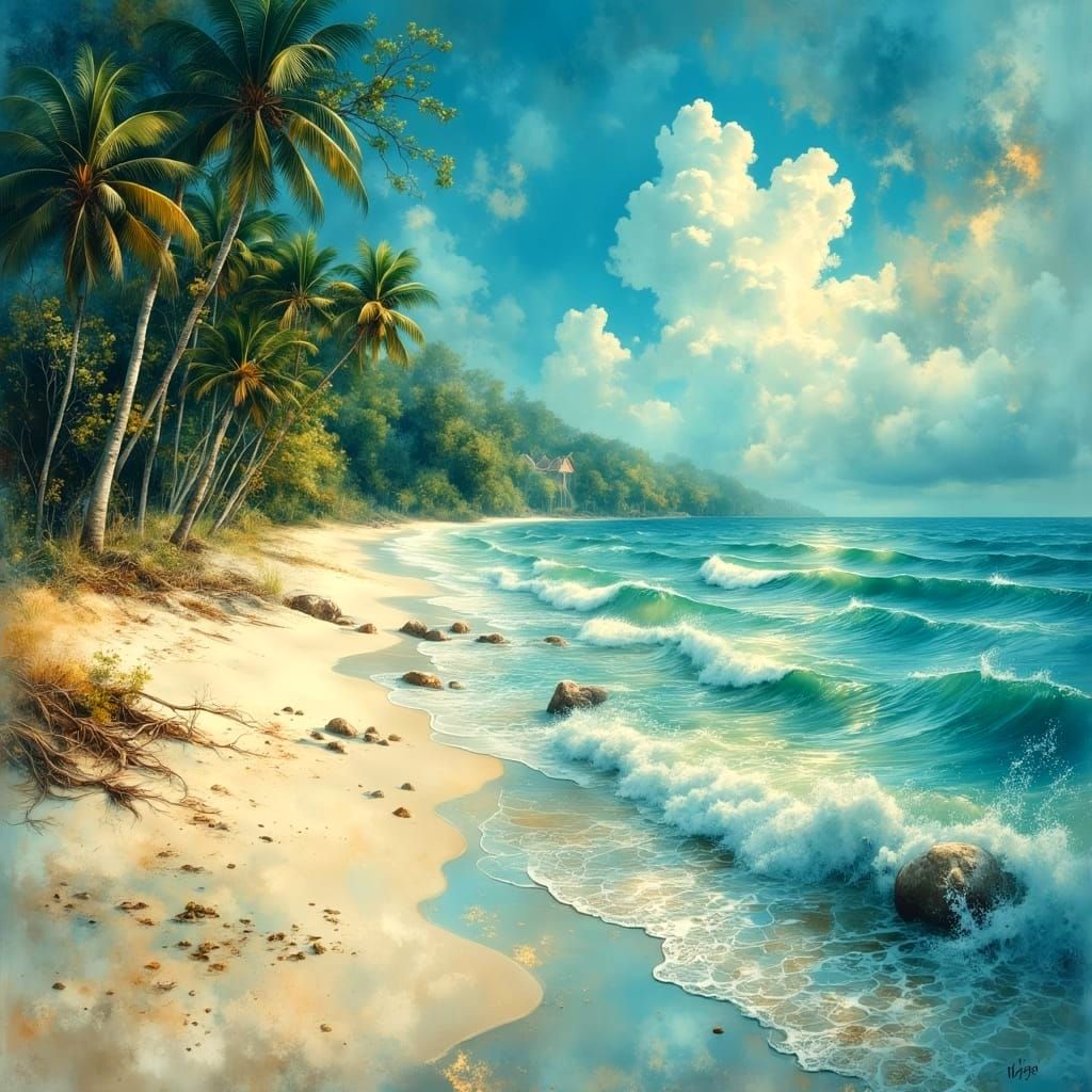 Luminous Portrait on a Beach with Aqua Waves