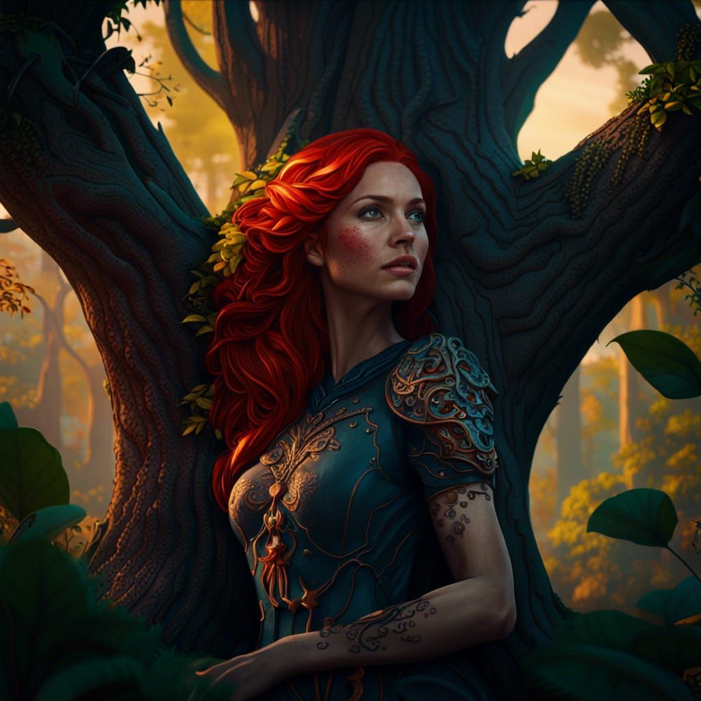 Redhead Woman Transforms into Tree: Fantasy Concept Art