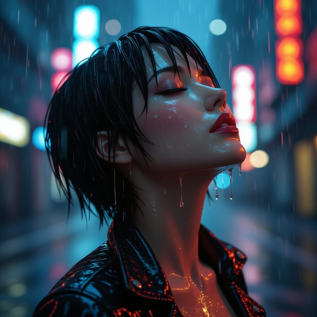 Cyberpunk Figure in Neon Rain, Cinematic Close-Up