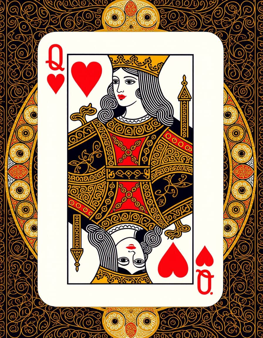 Queen of Hearts Card in Art Nouveau Style