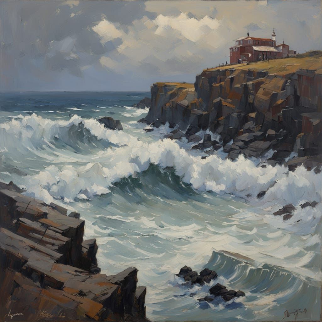 Turbulent Waves Crash Against Rugged Cliff