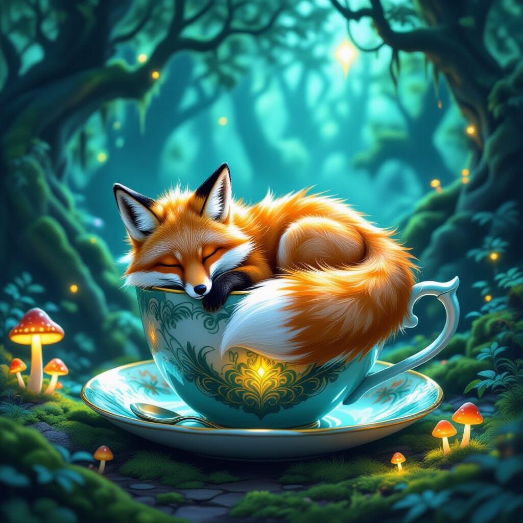Enchanted Fox-Dragon Creature Sleeps in Giant Teacup