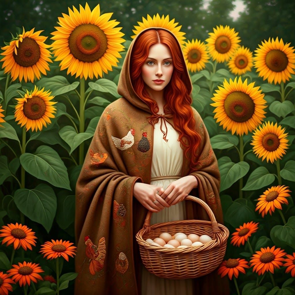 Whimsical Garden Goddess in Earth-Toned Hen Embroidery