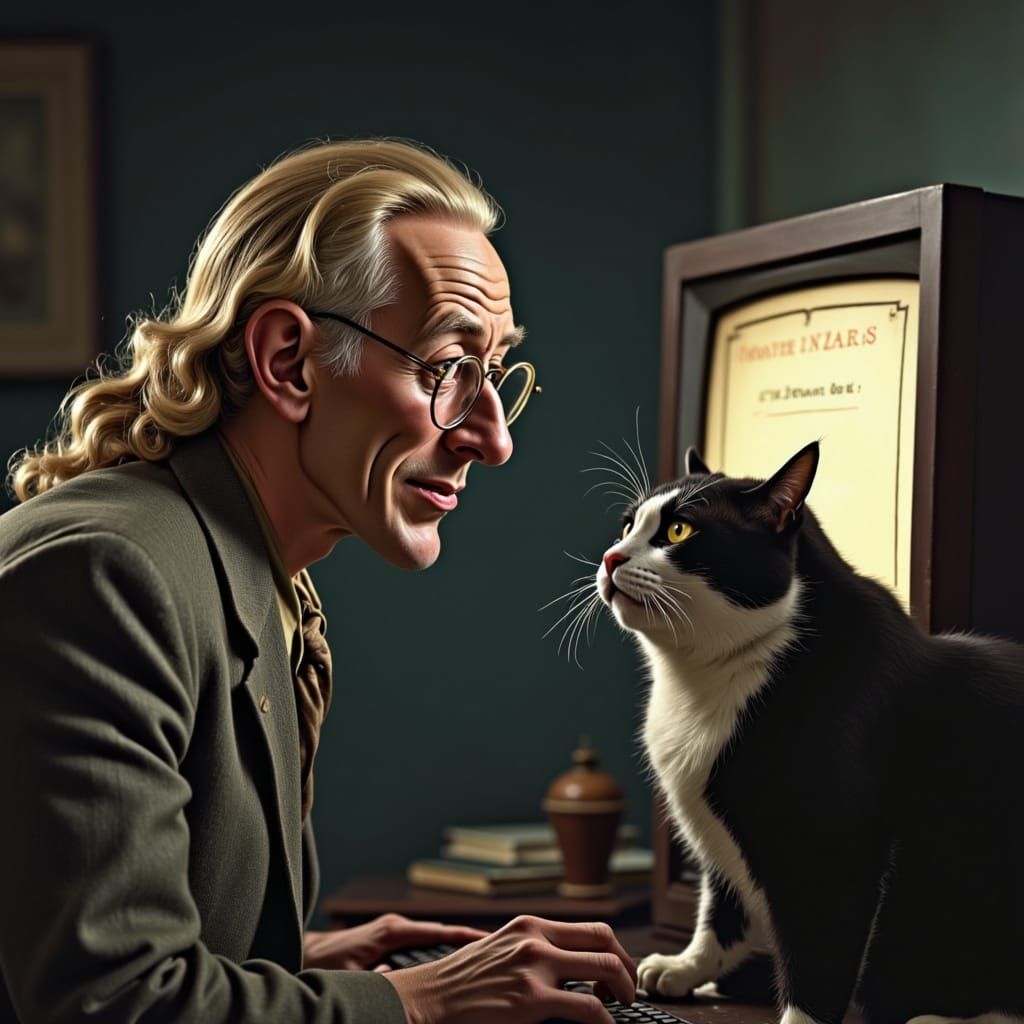 Elderly Man at Computer with Cat in Film Noir Style