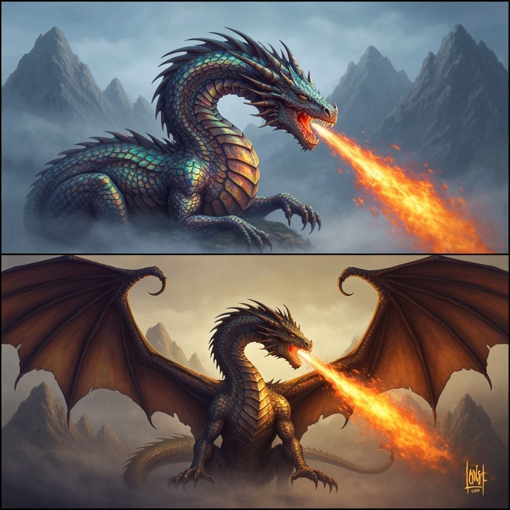 Fantasy Dragon in Peaceful and Fierce Forms