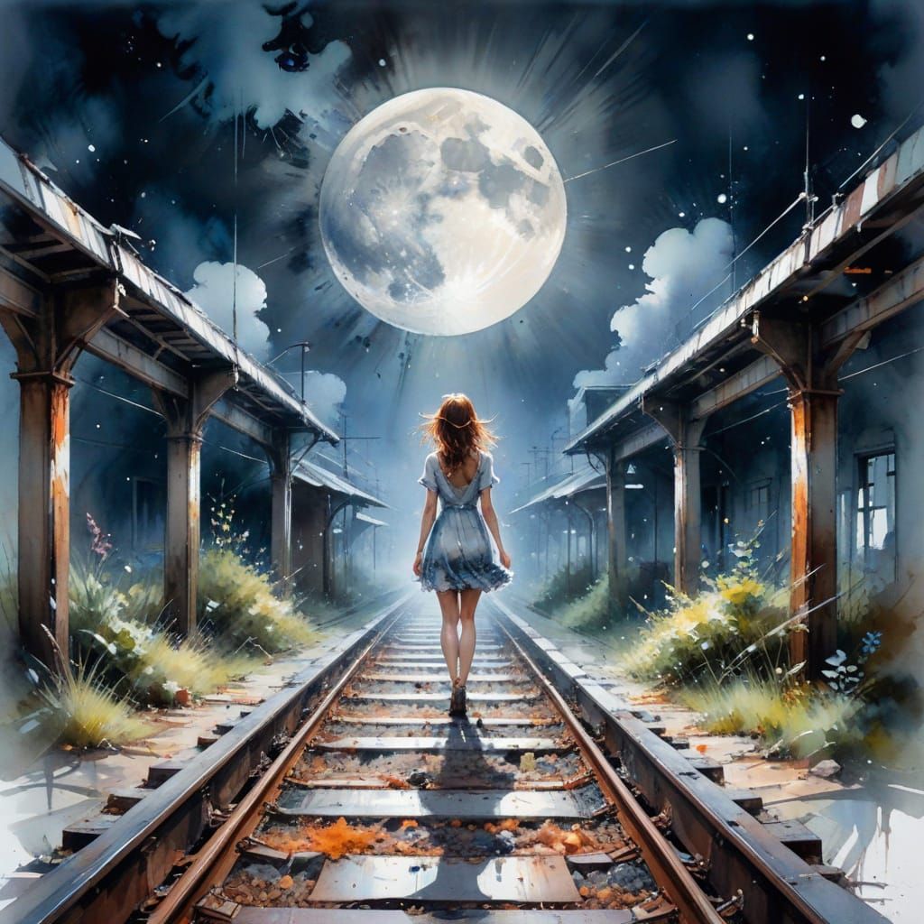 Moonlit Railway Station in Whimsical Watercolour Style