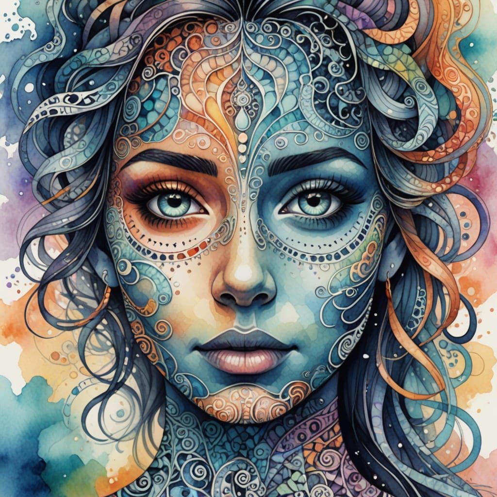 Ethereal Watercolour Portrait in Whimsical Zentangle Style