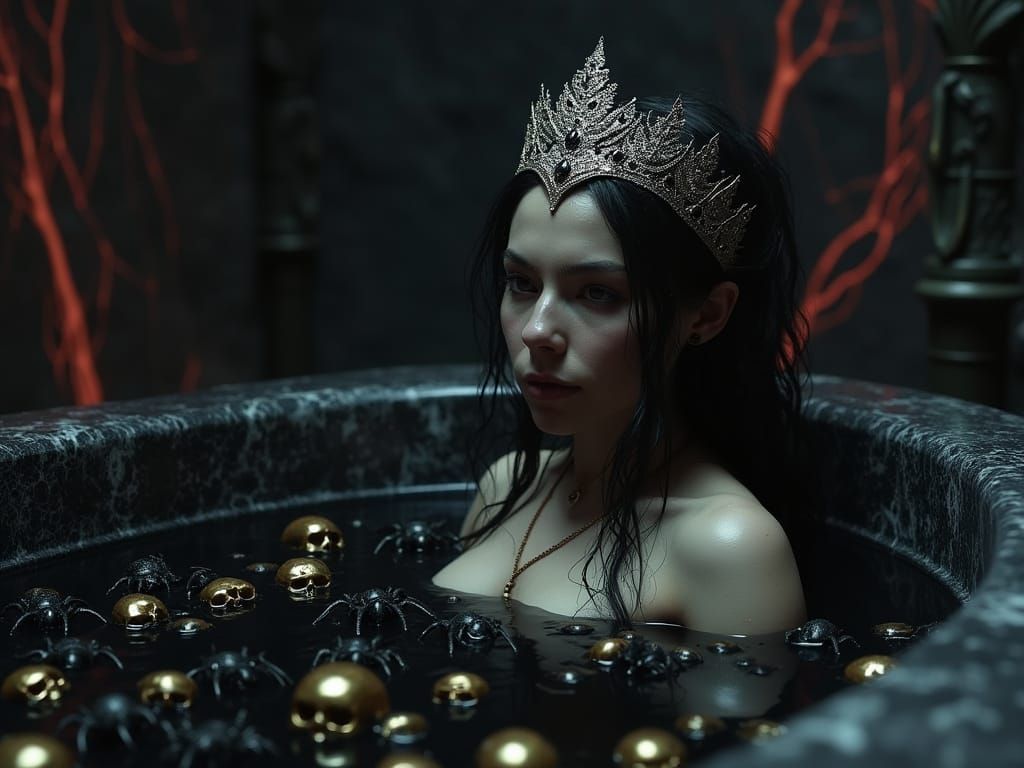Dark Elf Woman in Black Marble Bath with Skulls and Spiders
