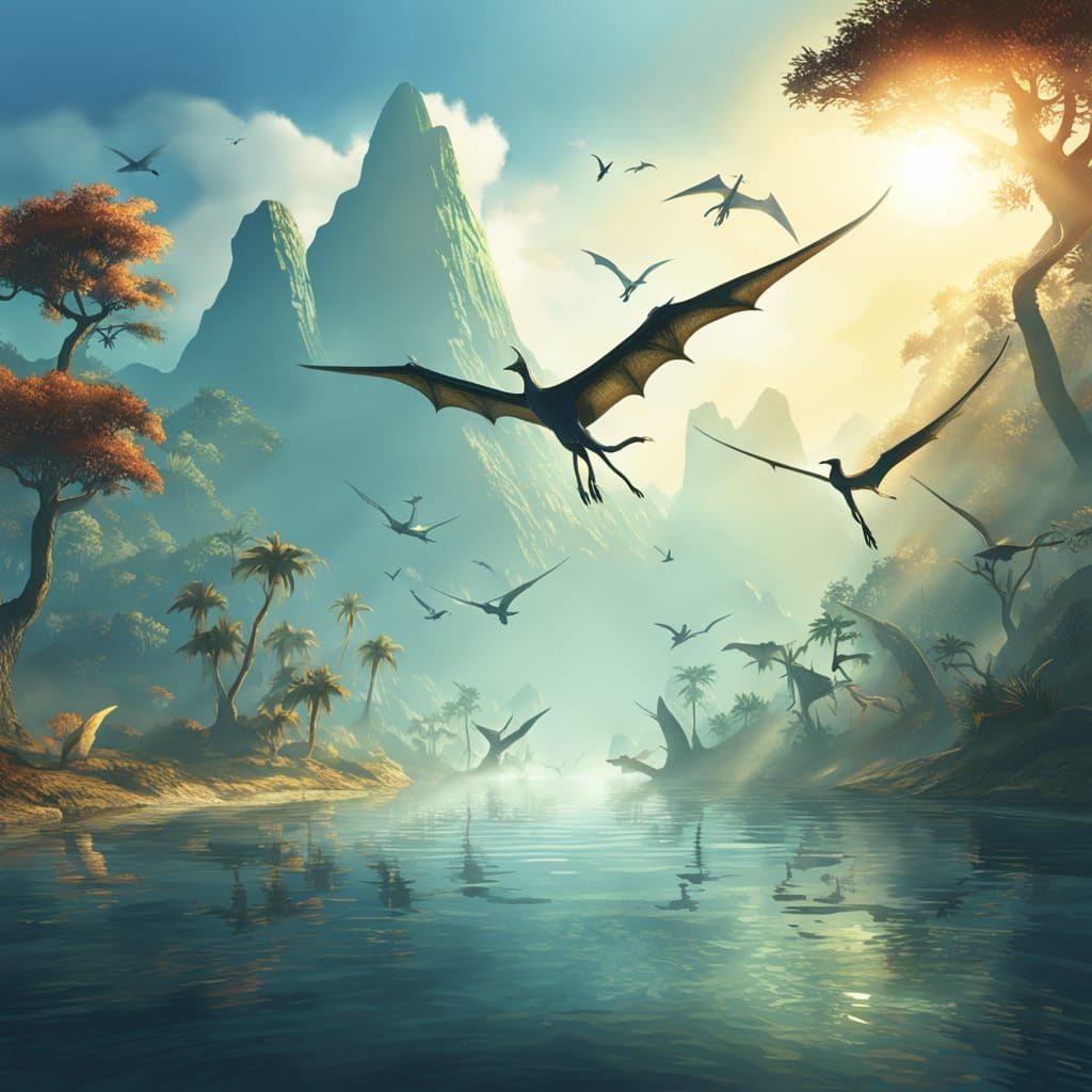 Pterosaurs Fly Over Water in Paleozoic Era Illustration