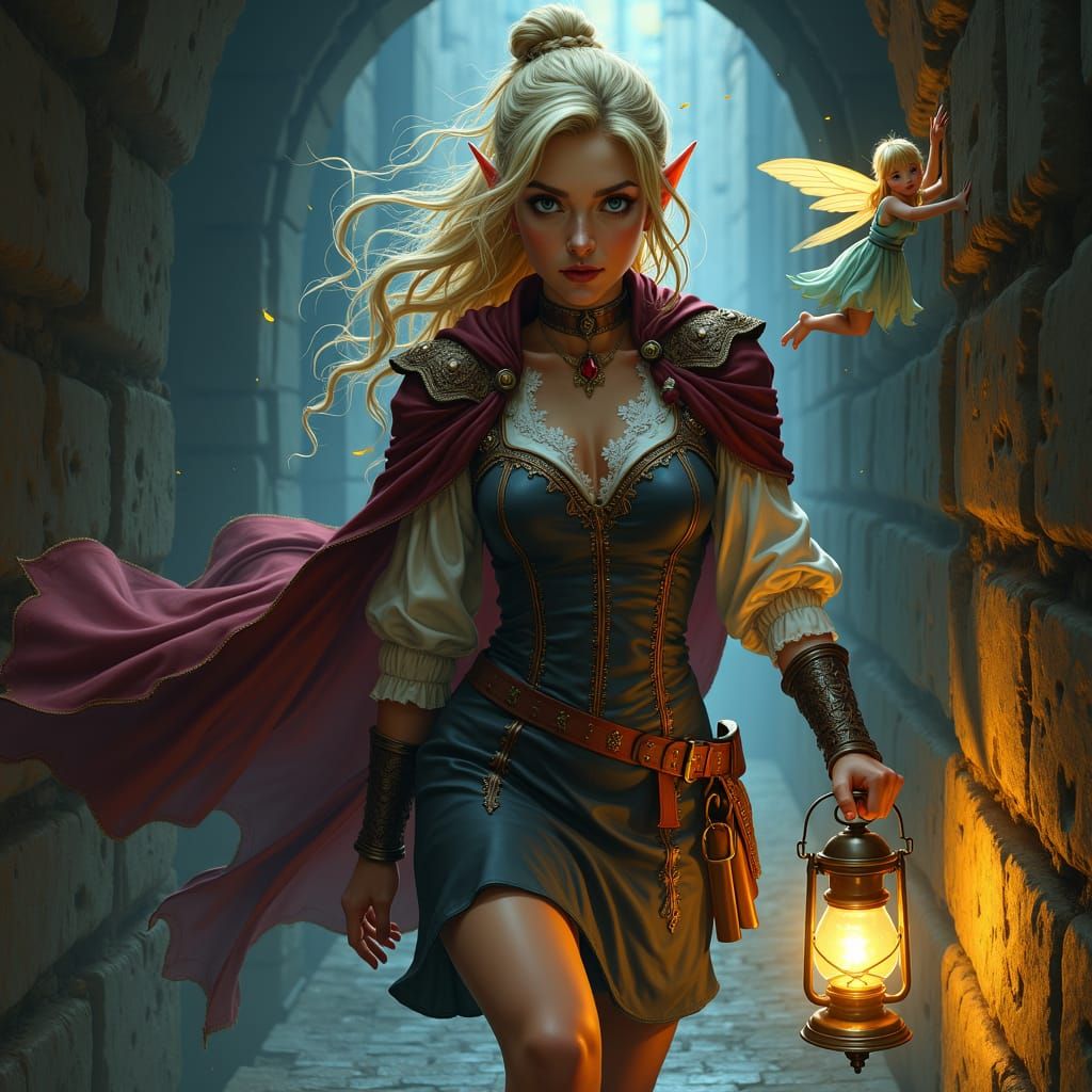 Half-Elf Rogue in Dim Sewer, Dark Fantasy Art