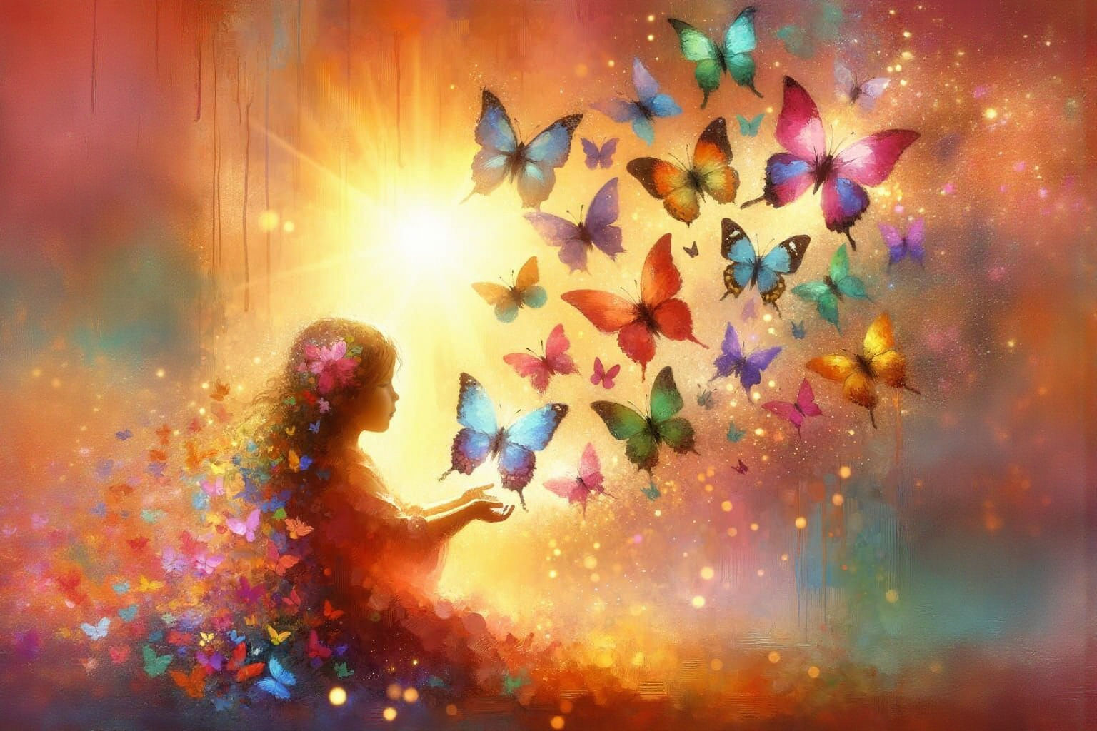 Child Releasing Butterflies in Golden Dawn Light