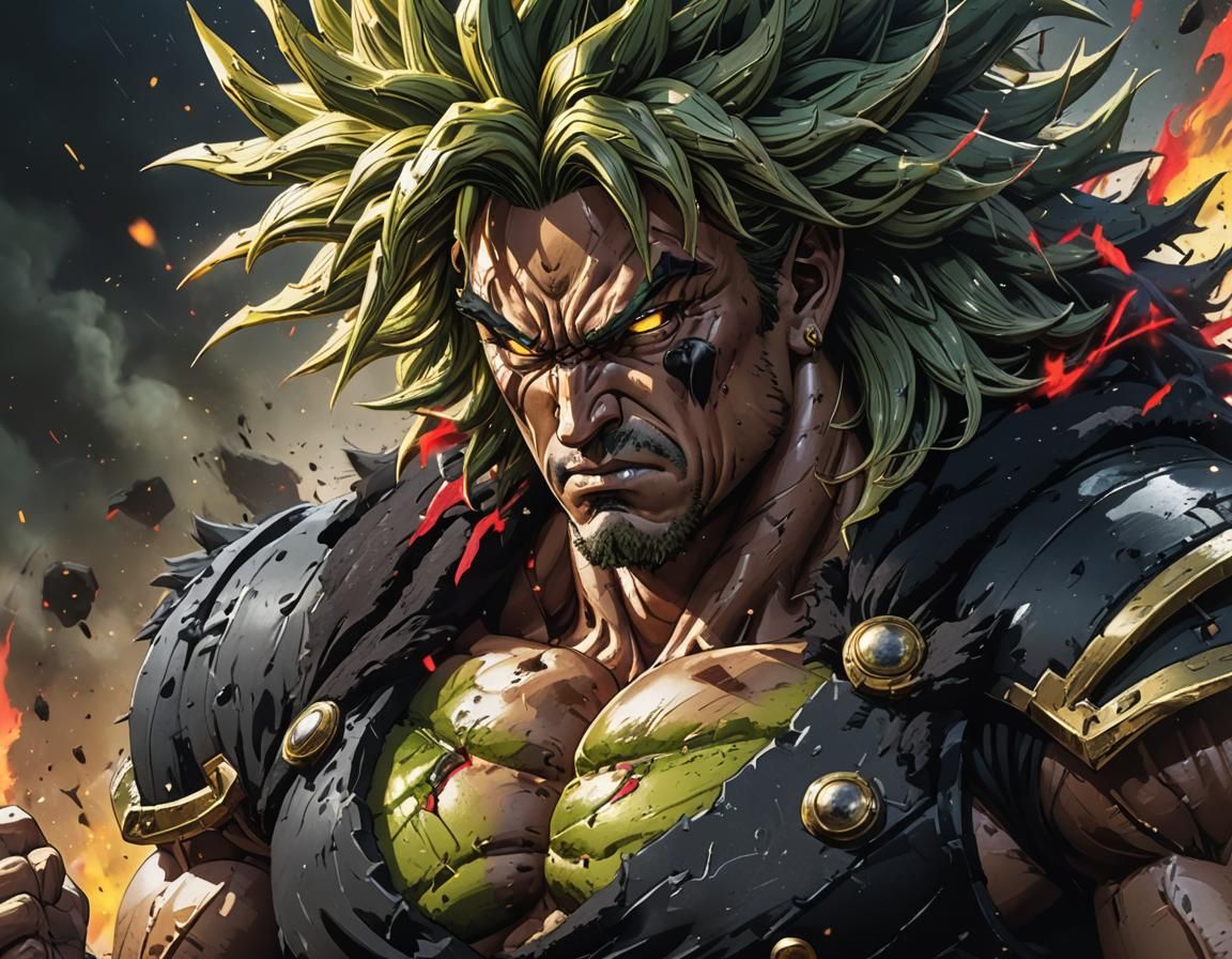 Broly as barbarian in all black clothes. And going super sai...
