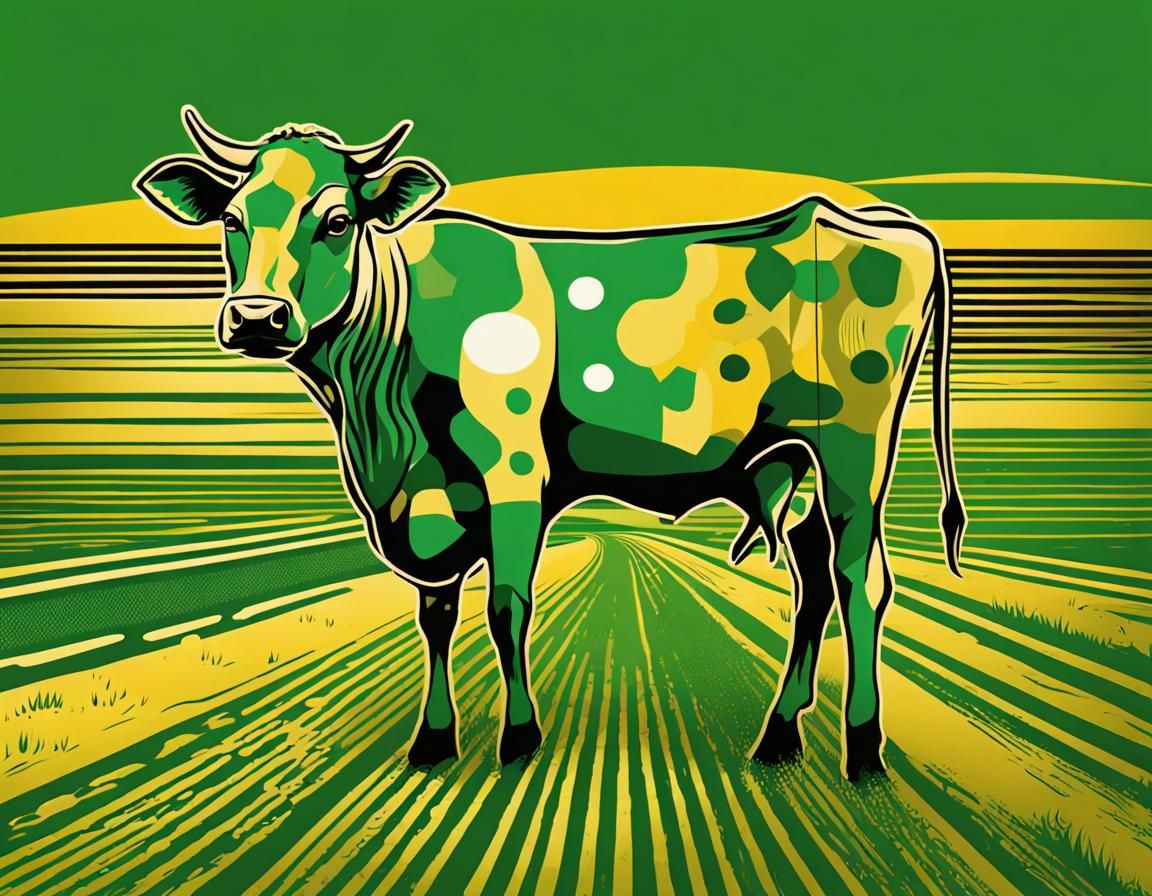 Green and Gold Cow in Pop Art Style
