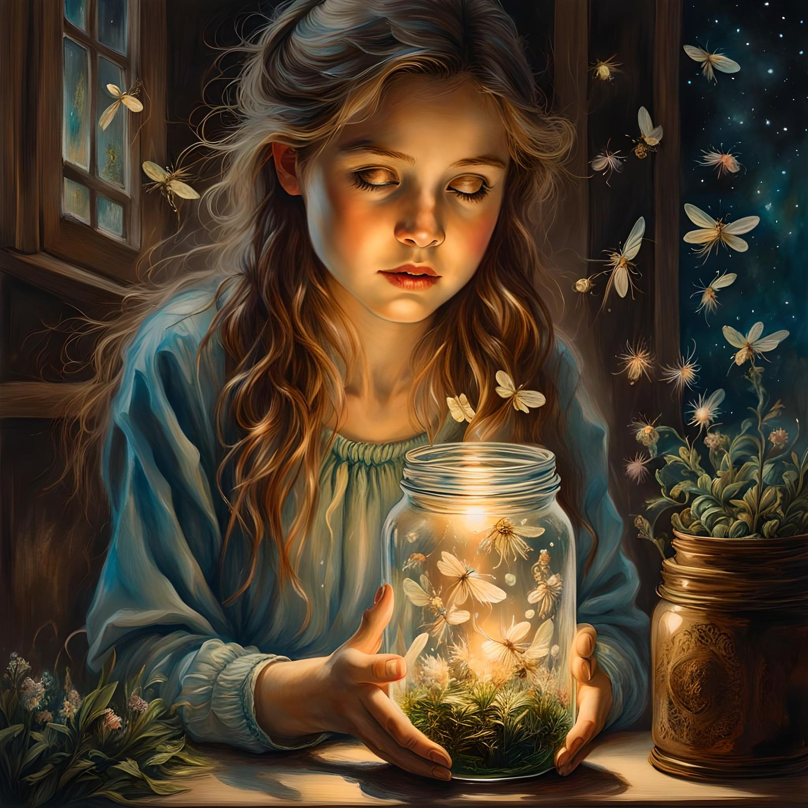 Girl with Fireflies in Jar: Ink and Watercolor Art