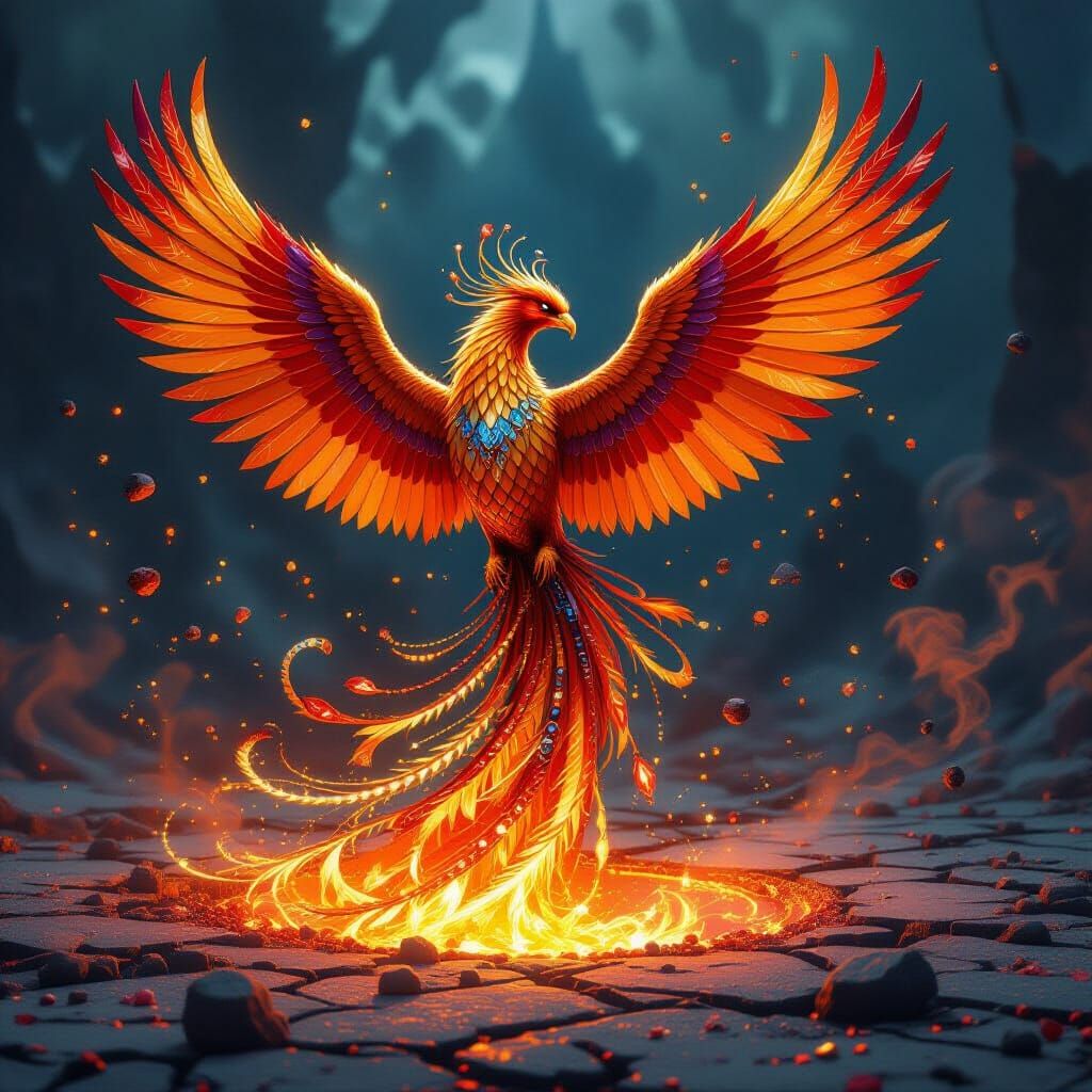 Beaded Phoenix Rising from Molten Vortex