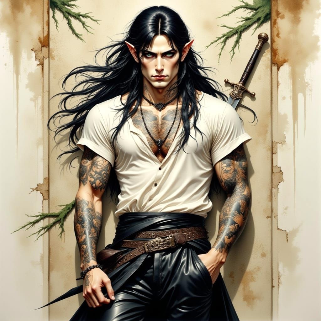 Elegant Elf with Arcane Tattoos in Water Ink Style