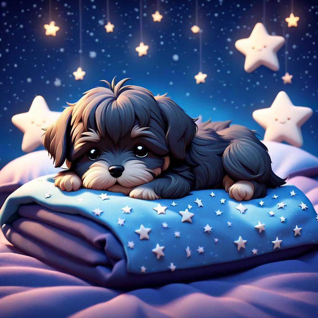 Chibi Puppy Sleeps Under Starry Night Sky