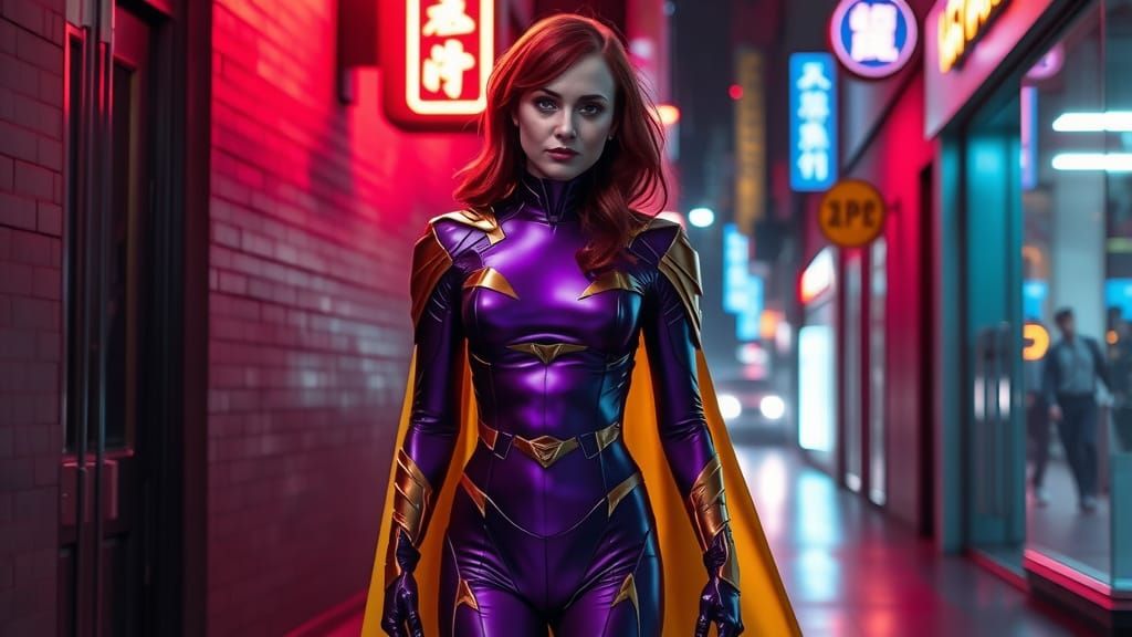 Red-Haired Heroine in Neon Alley, Retro-Futuristic Style